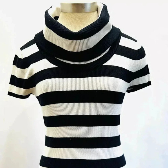 INC Women Short Sleeve Pullover Turtleneck Striped Black/White Sweater Size PM - Picture 2 of 13